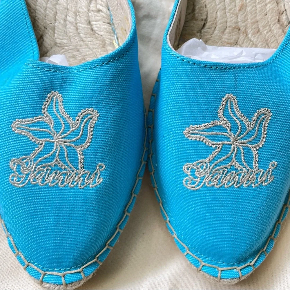 GANNI Embroidered Canvas Espadrille Slippers Turquoise Women’s Size 9 EU 39 NIB